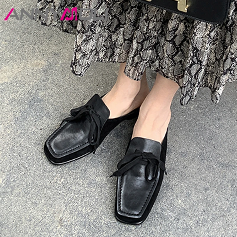 

ANNYMOLI Mules Shoes Women Natural Genuine Leather Med Heel Square Toe Bow Ladies Footwear Cow Leather Thick Heel Shoes Brown 40
