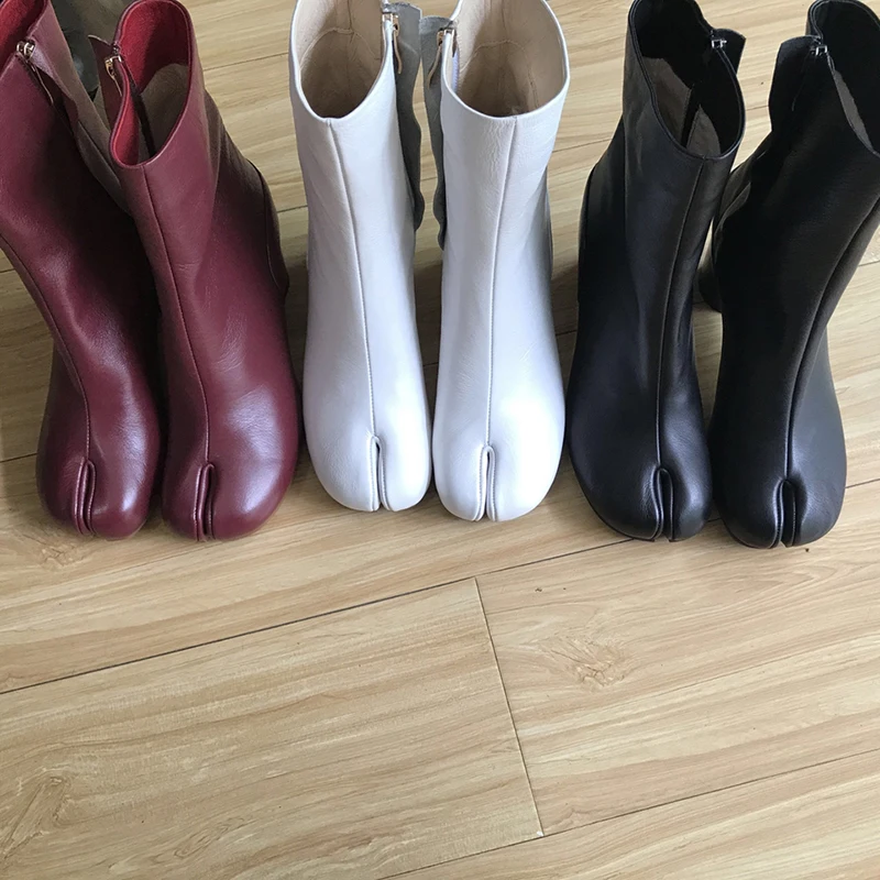 2019 Split Toe Ankle Boots Woman Black Red White Cow Leather Chunky High Heels Fashion Short | Обувь