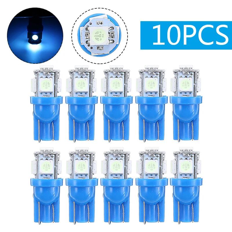 

10pcs T10 W5W 168 192 5050 5 LED Car Wedge License Plate Light Bulb Ice Blue Tail Turn Signal Parking Stop Lamp Trunk Lights