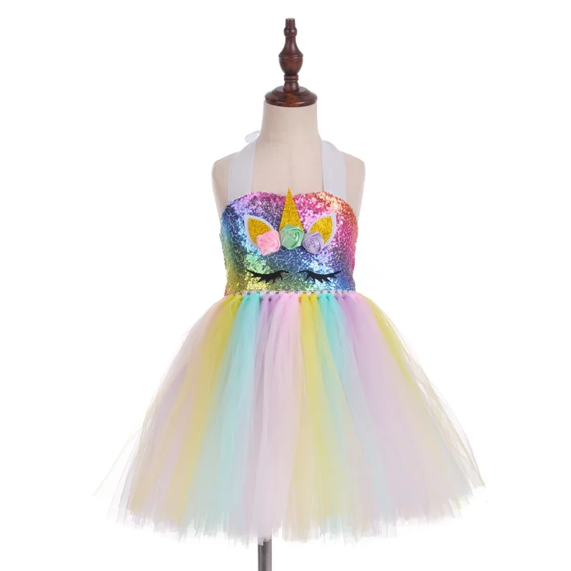 Платье с радужными блестками для девочек костюм пони Единорога детей ясельного