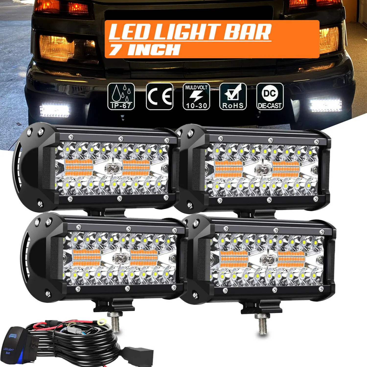 

4Pcs 7 Inch LED Work Light Bar White Yellow Strobe Spot Flood Driving Fog Lamp 12V 24V Car Offroad Truck ATV SUV UTV Tractor 4x4