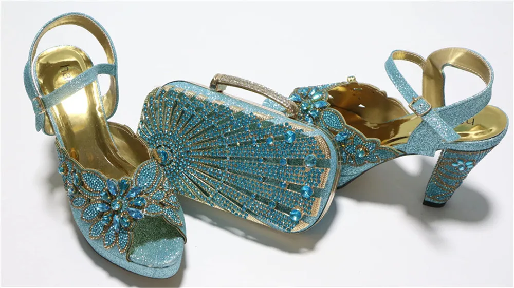 

Sky Blue Women High Heels Shoes And Bag Set Fashion Ladies Summer Platform Sandals Match With Purse Handbag Pumps GL13-1 10 CM