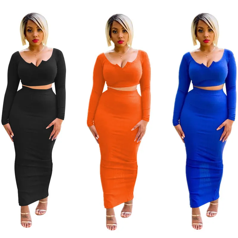 

V-neck Long Sleeve Short Top Ankle Skirt Set Casual Streetwear Autumn Clothing for Woman Trendy Two Piece Suit Oversized