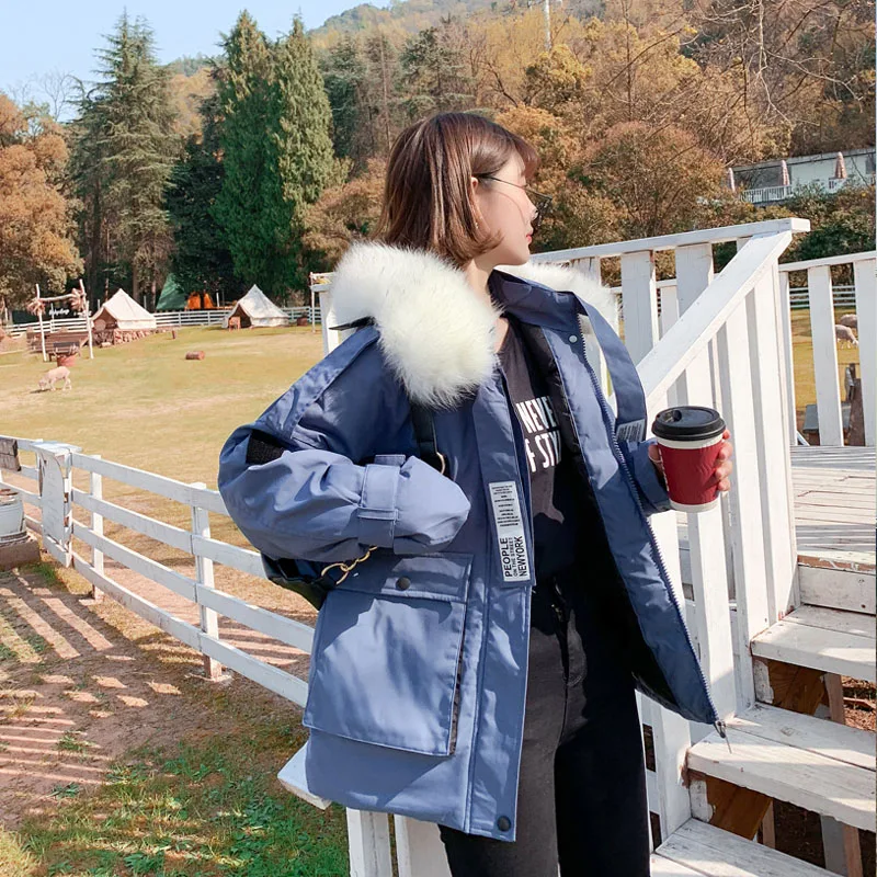 

Новинка 2020, модное хлопковое стеганое Женское пальто с меховым капюшоном, плотное теплое зимнее пальто, женская синяя короткая пуховая куртка, женская одежда