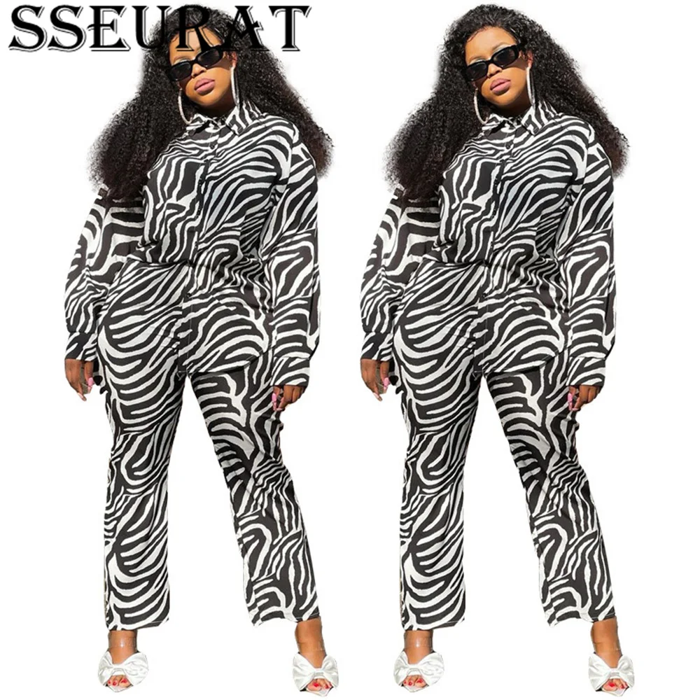

SSEURAT Zebra Office Lady Blazer Tops and Straight Pants Suit Matching Two Piece Set Women Tracksuit Outfits
