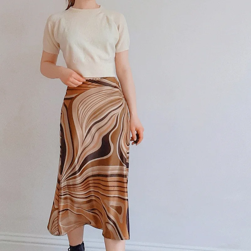 

Retro A-line Skirt Women Intage Side Zipper Office Ladies Elegant Skirts Corrugated Printed Ankle Lenth Skirt Female Clothing
