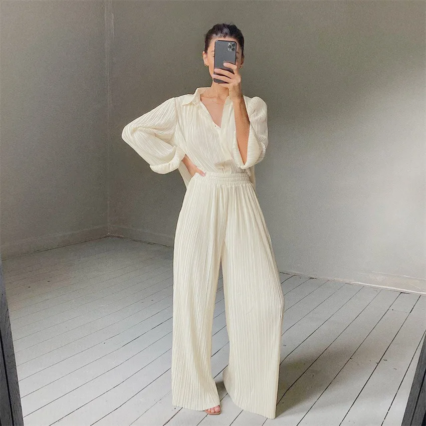 

New 2022 Pleated Wide Leg Pants Sets Women Elastic High Waist Ruched Palazzo Pants + Loose Blouse Shirt Sets Oversized Pants