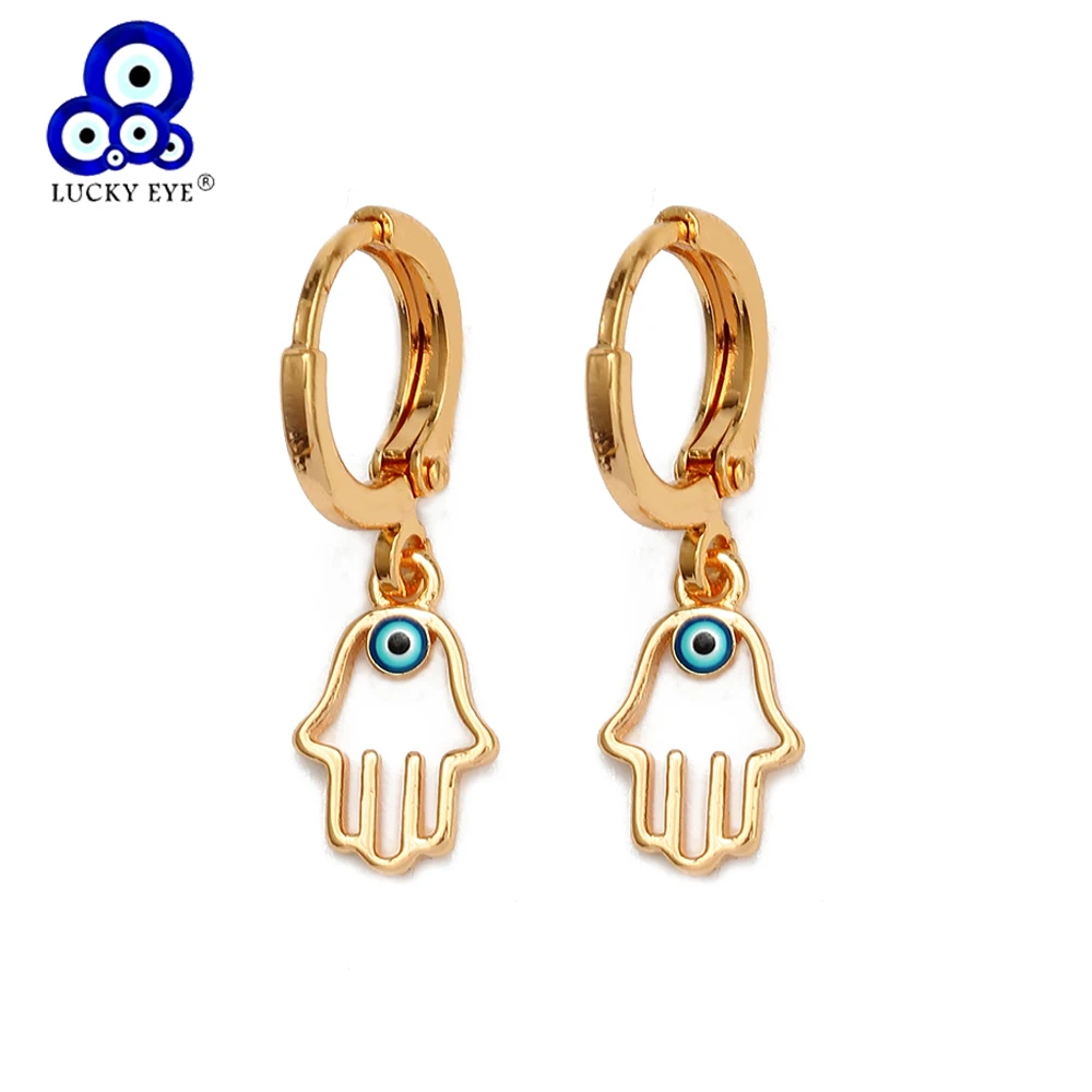 Женские сережки подвески Lucky Eye золотистые в форме глаза турецкого синего дурного