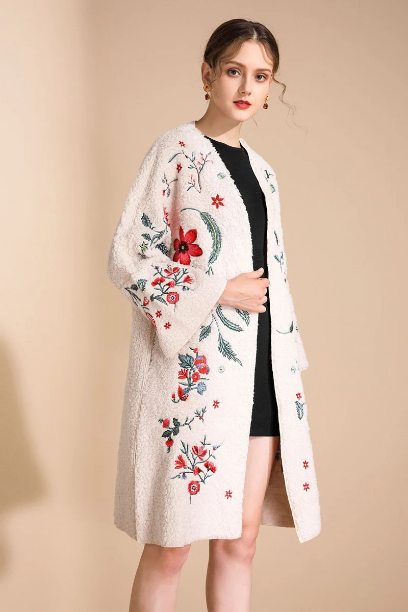 Winter Women's Runway Coat O Neck Long Sleeves Embroidery Lambwool Fashion Designer Coats Outerwear | Женская одежда