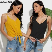 sexy sling fashion vest women t shirt summer ribbed v neck single breasted bottoming knotted top