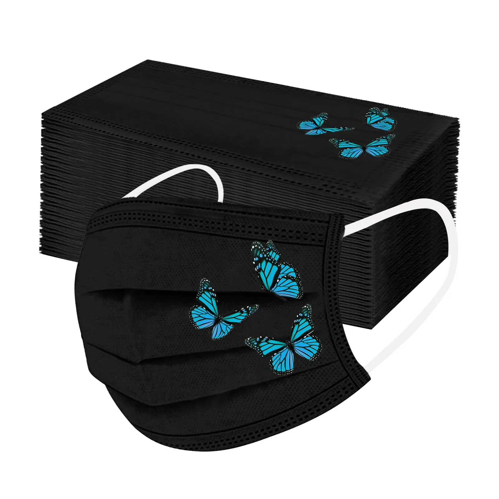

100pcs Adult Disposable Face Mask Butterfly Print Women Man Face Mouth Mask 3Ply Ear Loop Black Facemask