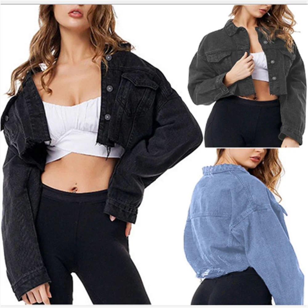 

Spring Autumn Women Casual Loose Short Denim Jacket Sexy Ripped Fringed cowboy Coat Tops Overcoats Outwear