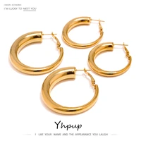 yhpup round golden huggie earrings stainless steel minimalist metal texture unusual earrings 18 k plated waterproof jewelry new