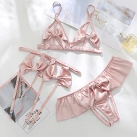 sexy lace wire free bra and panty set with garter temptation hollow out ultra thin bra intimates suspenders underwear set women