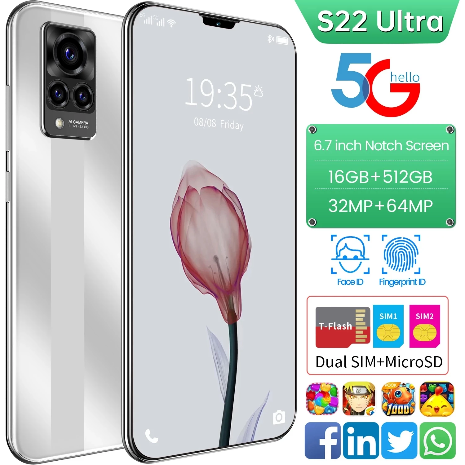 

Original S22 Ultra 6.7-inch Smartphone 16G+512G Global Version Android Phone 6000mAh Support Google Face Unlock 5G Phone