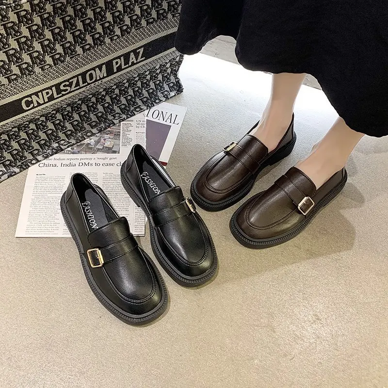 

Spring and Autumn 2021 New Soft Bean Shoes Flat Shoes One Pedal Lok Fu Shoes Joker Solid Color British Small Leather Shoes