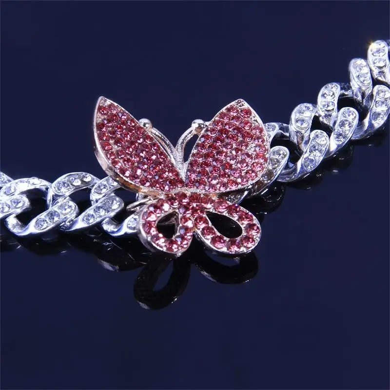 

GLAMing Pink Cuban Link Butterfly Choker Necklace Women Bling Adjustable Crystal Rhinestone Necklace Chain Man Silver Color