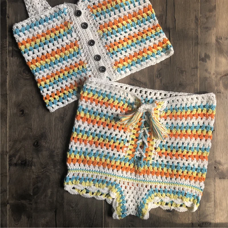 Multi Color Knitted Crochet Crop Top and Shorts Summer Beach Women 2 Piece Set Cool Girls Lace Up Romper Bikini Beachwear 2020