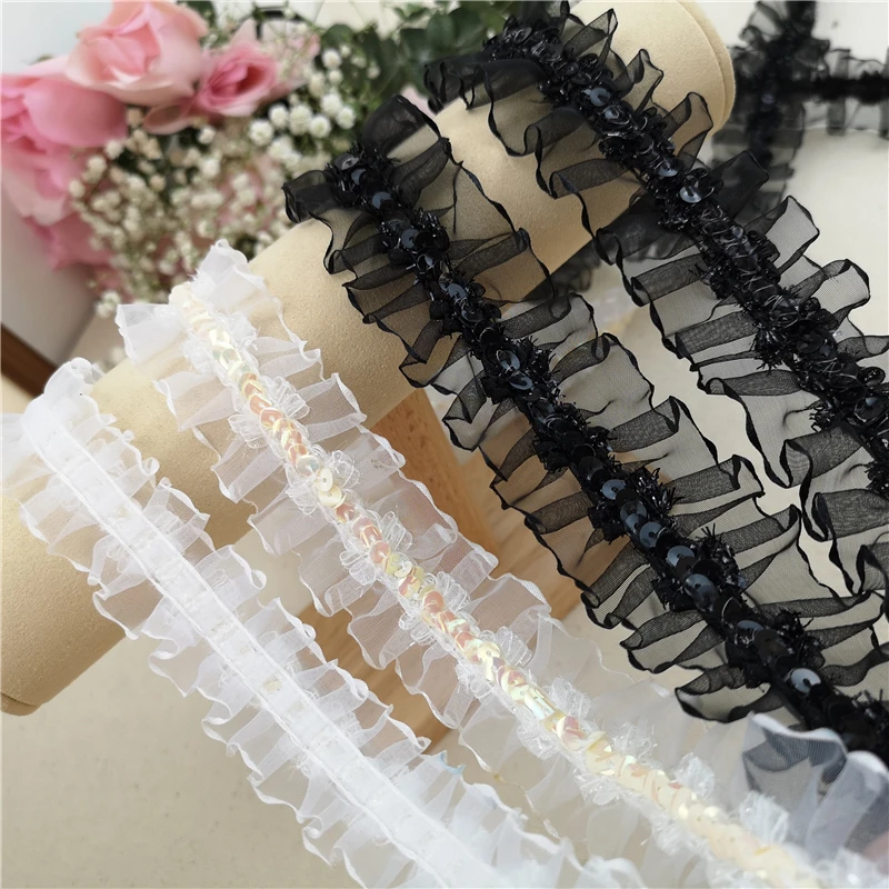 10 ярдов/лот 3-4 см в ширину черно-белый снег из газовой ткани с пайетками кружевное