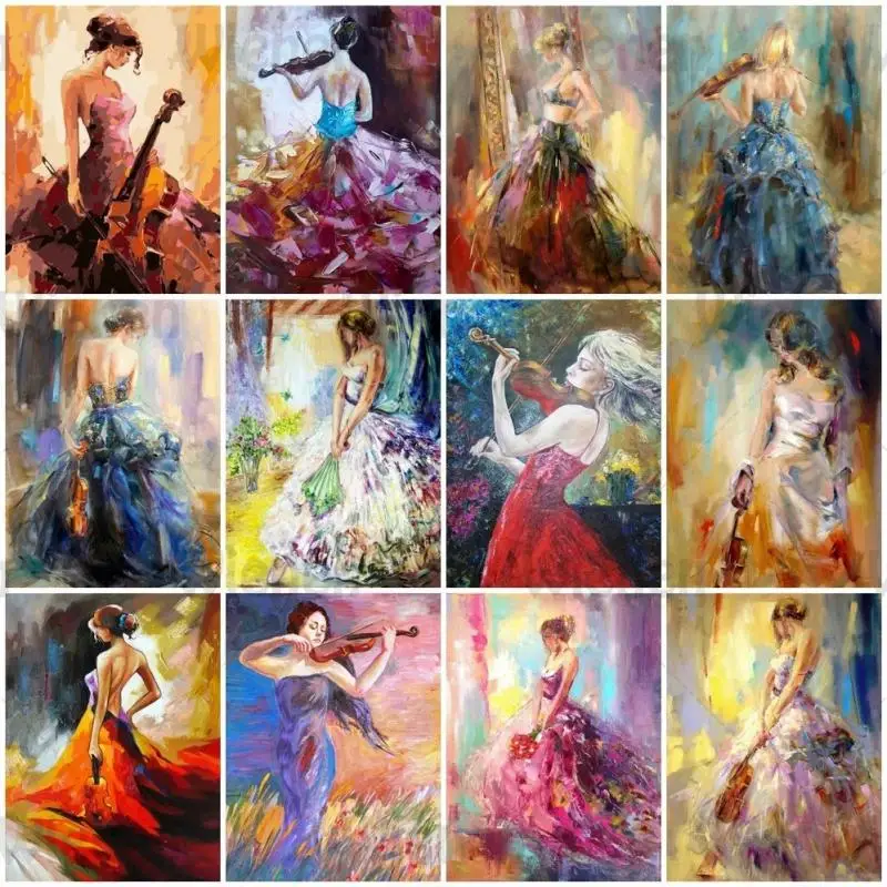 

5D Diamond Painting Violinist Elegant Woman Violin Full Round/Square Diamond Embroidery Colorful Portrait Mosaic Hobby Wall Art