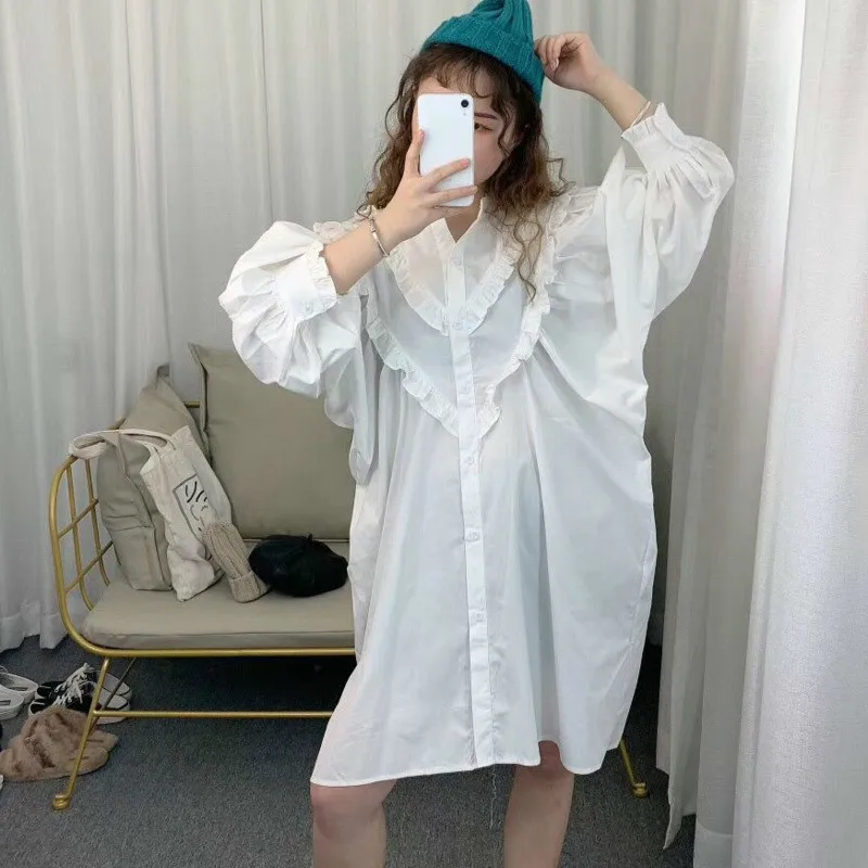 Женское платье рубашка с рукавами фонариками [EWQ] Розовое свободное оборками в