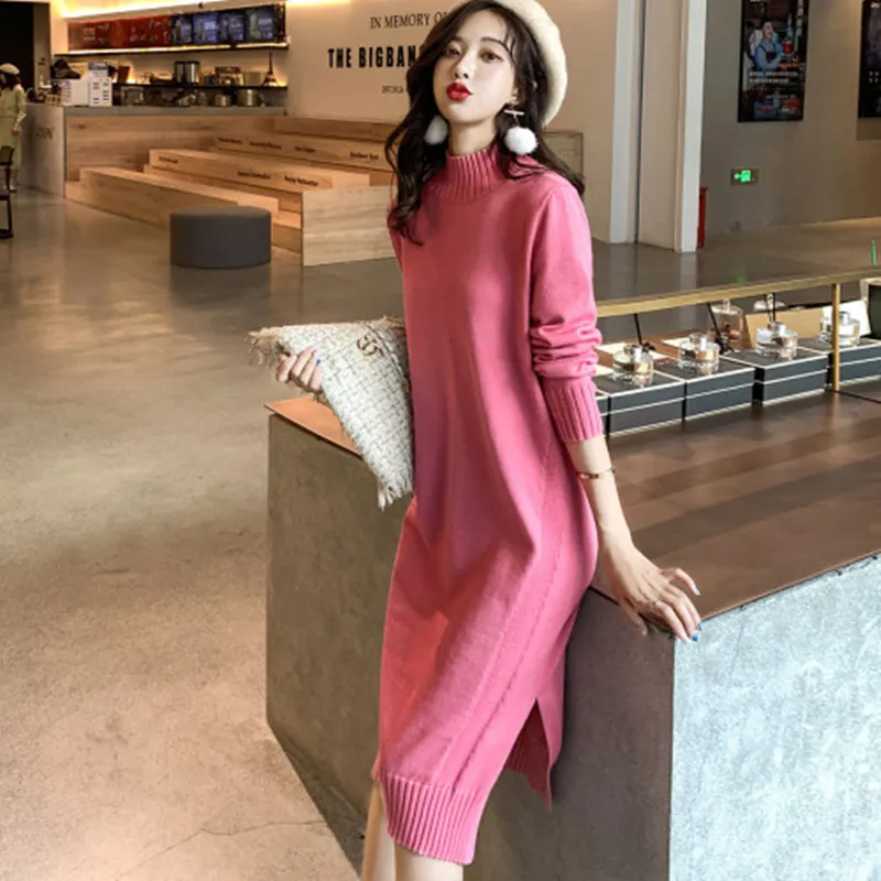 2019 осеннее женское однотонное платье-свитер с высоким воротником женская