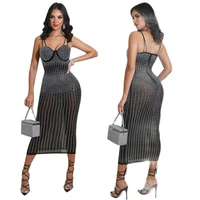 summer new style womens clothing sling hot drilling perspective slim dress