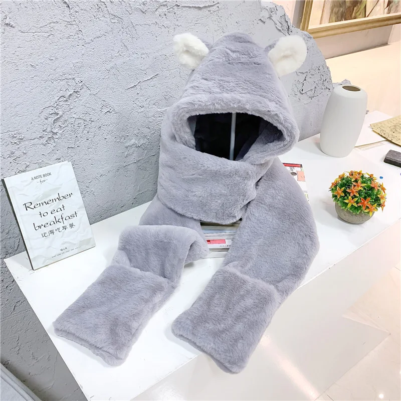 

YourSeason New Korean Women Bear Cute Warm Lambwool Hat Scarf Earflaps 7 Colors Ladies 2021 Winter Spring Scarf