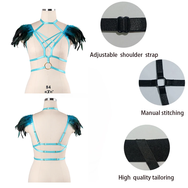 

Gothic Underwear Blue Hollow Sexy Feather Body Binding Shoulder Strap Elasticity Adjustable Mature Sexy Ladies Underwear