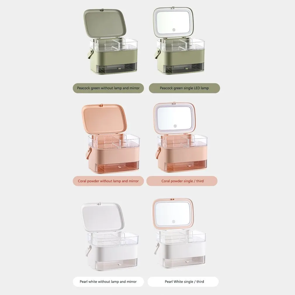 

Cosmetic storage box LED light with makeup mirror multifunctional portable desktop dustproof dressing table mirror storage rack