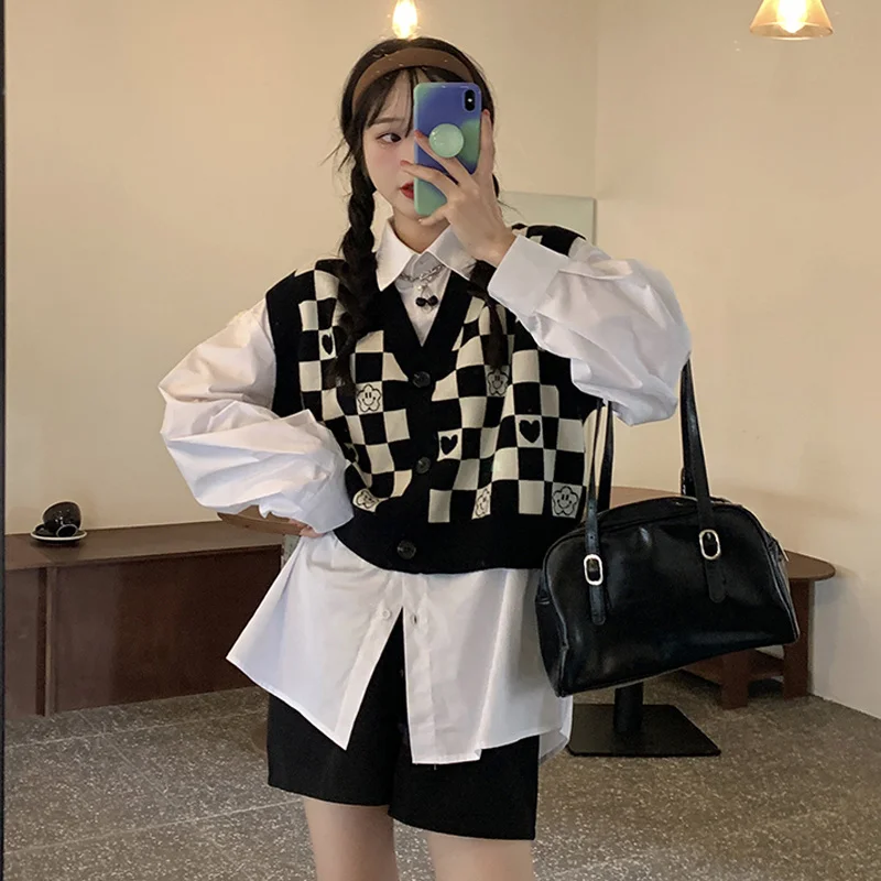 

Vest Vest Knitted Short Coat Women's Wear Spring and Autumn 2021 New Checkerboard Sweater