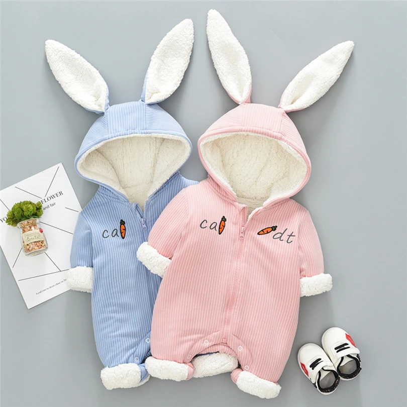 

Newborns Hooded Romper Coat Boys Girls Striped Rabbit Ears Tail Winter Thicken Warm Long Sleeve Jumpsuit Baby Clothes 0-24M A20