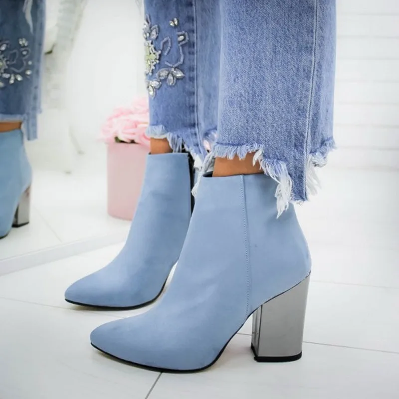 

Women Ankle Boots 2021 Fashion Boots Woman Autumn Winter Pointed Toe High Heels Zipper Female Shoes Booties Females Botas Mujer