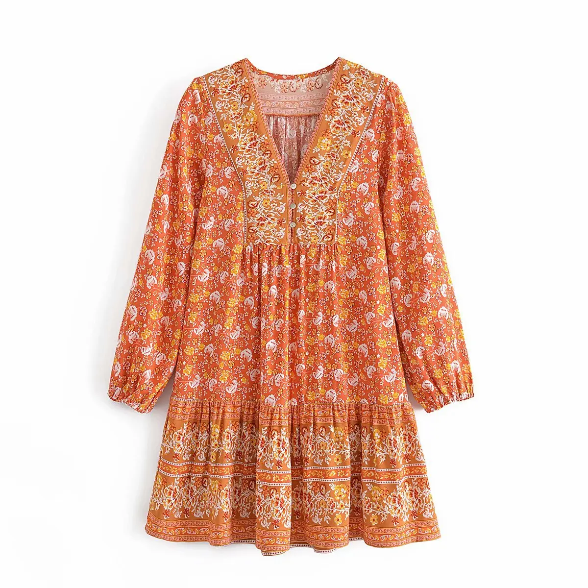 

2021 Summer New Bohemian V-neck Print Floral Loose Mini Dresses Women