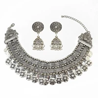 afghan vintage tribal silver color statement collar choker bib necklace earring jewelry sets indian short chain coin necklaces