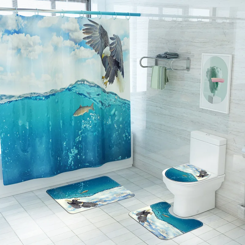 

180*180cm 3D Fabric Shower Curtains Eagle Catch Fish Bathroom Curtain Non-Slip Rugs Toilet Lid Cover and Bath Mat Carpet
