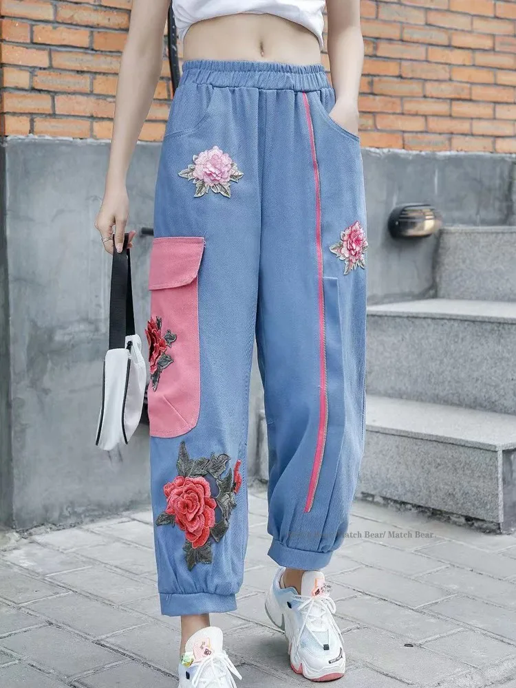 Wide leg pants 2021 summer new Korean version loose large size was thin temperament Chinese style embroidery casual pants women
