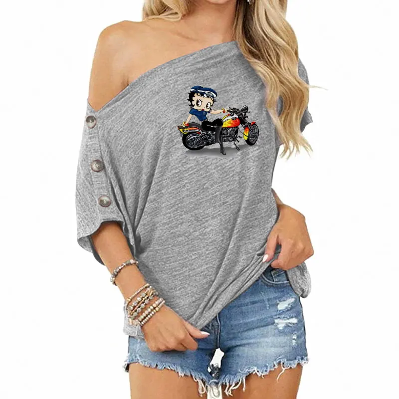 

Женская готическая футболка, летнее платье, Женская Повседневная рубашка с открытыми плечами и пуговицами, футболка с принтом