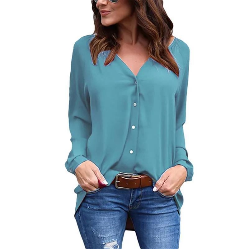 

Women's Office Lady Chiffon V-Neck Shirt Top Black White Red Long Sleeve Female Blouse 2019 Summer Shirts Tops Plus Size 5XL