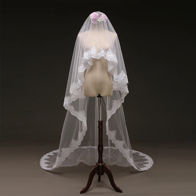 Свадебные аксессуары Длинная свадебная вуаль с кружевом высшего качества 1 слой