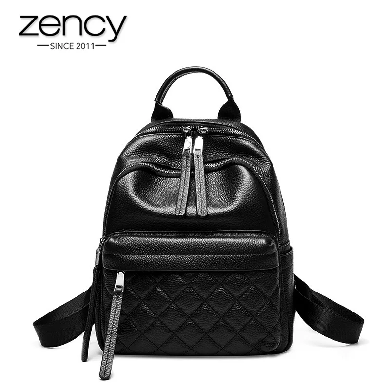 Zency Women's Backpack Made Of Genuine Leather Lattice Knapsack Daily Casual Travel Bag High Quality Black Schoolbag For Student