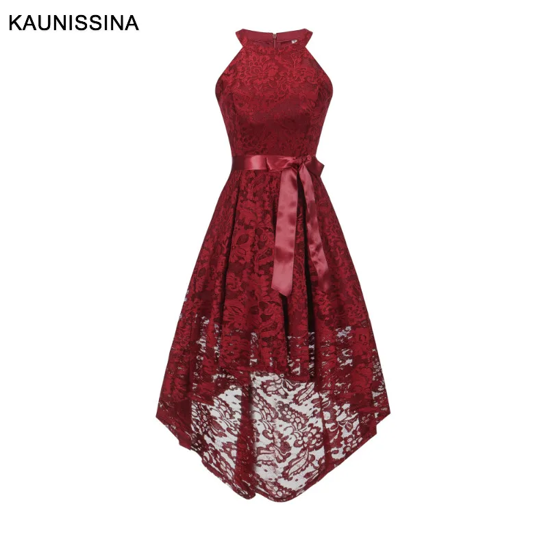 Wine Red KAUNISSINA, кружевное коктейльное платье с бретелькой через шею, асимметричный бант, сексуальное платье для выпускного вечера, Дамское Платье Vestidos - Цвет: Wine Red