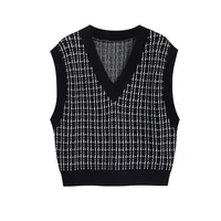 women fashion houndstooth loose knitted vest sweater v neck sleeveless side vents female waistcoat chic tops%e3%80%90fans reduce 1%e3%80%91