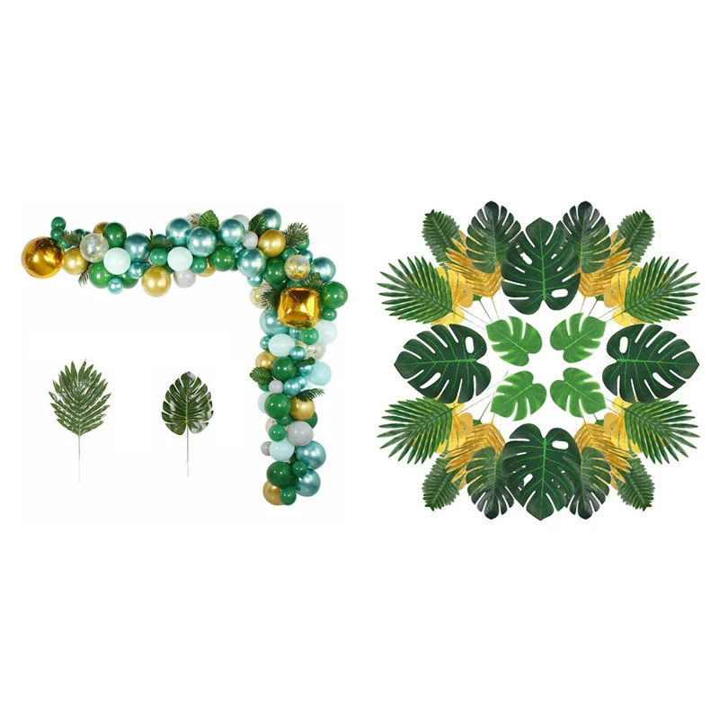 

68PCS Tropical Plant with Faux Monstera Leaves Stems Simulation Safari Leaves with 167Pcs Jungle Safari Green Balloon