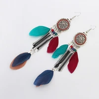 european and american national style feather earrings fashionable retro exaggerated personality carved long tassel earrings