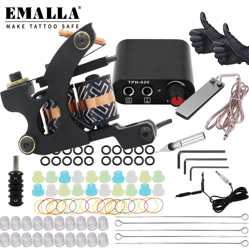 

EMALLA Professional Tattoo Kits Tattoo Coil Machine with 1Pcs Power Supply Foot Pedal 5Pcs Tattoo Needles for Makeup Supplies
