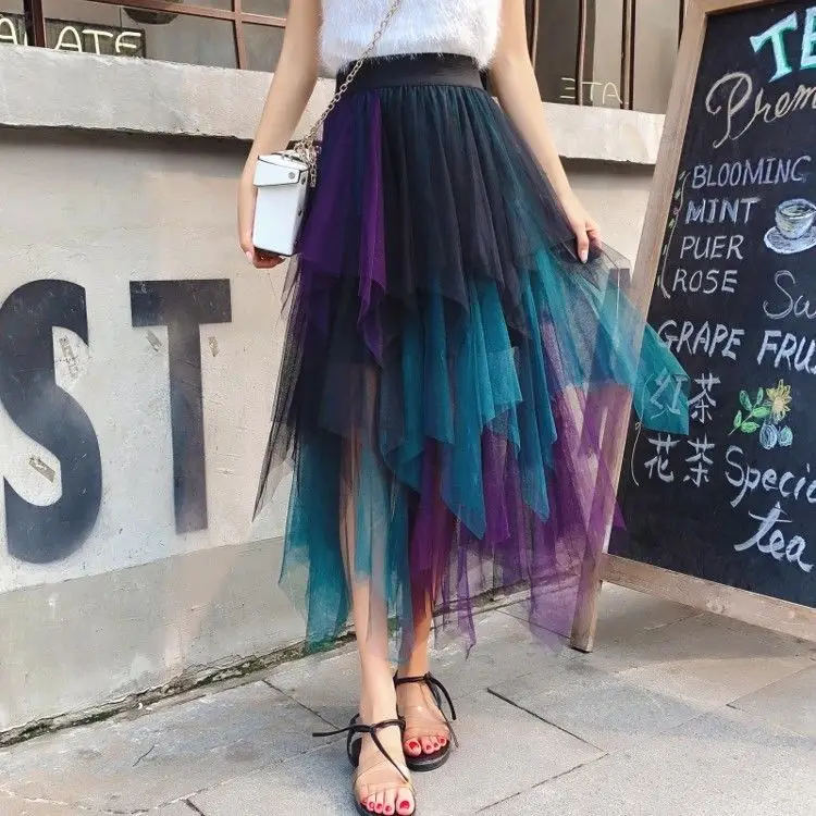 Gradient Color Irregular Tulle Skirt Spring and Summer High Waist Bubble Skirt Long Woman Skirts Mujer Faldas Saias Mulher images - 6