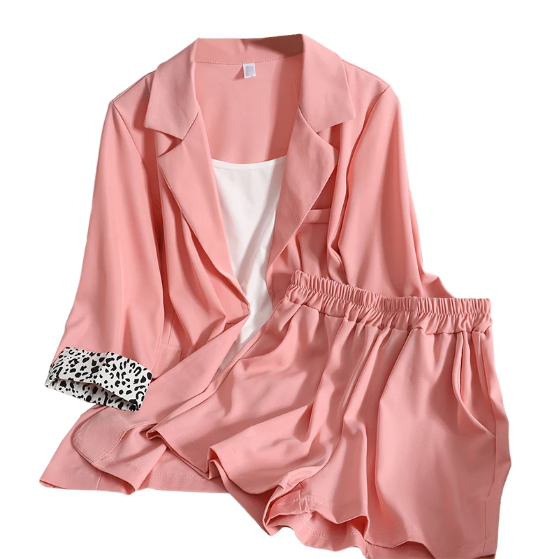 

Korean contrast color leopard print roll-sleeved cardigan suit jacket With thin wide-leg shorts bottoming strap two-piece summer