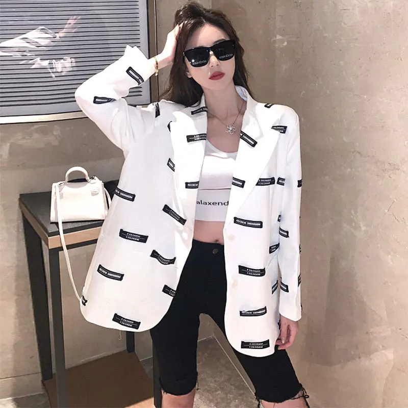

White Suit Women Korean Autumn New Long Sleeve Graffiti Outerwear Office Clothes Casual Coat Ladies Blazer Loose Jacket G1272
