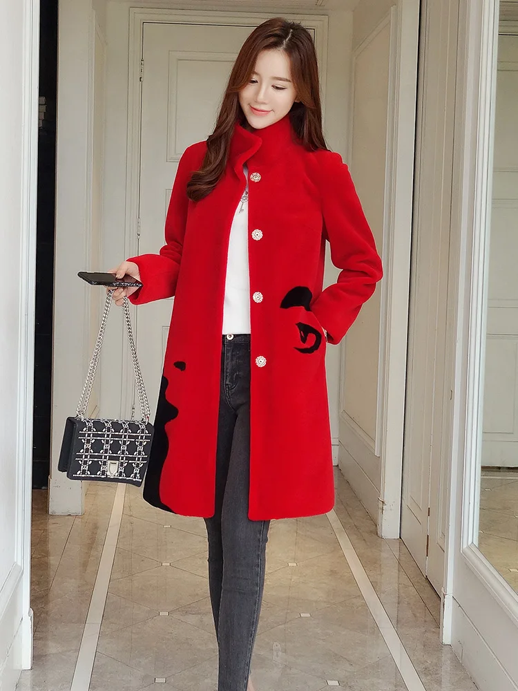 Женское шерстяное пальто с овчиной винтажное из овчины в Корейском стиле верхняя